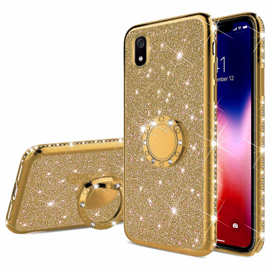 Diamond Ring Case με Electro Bumper και Glitter Gold Xiaomi Redmi 7a 4182