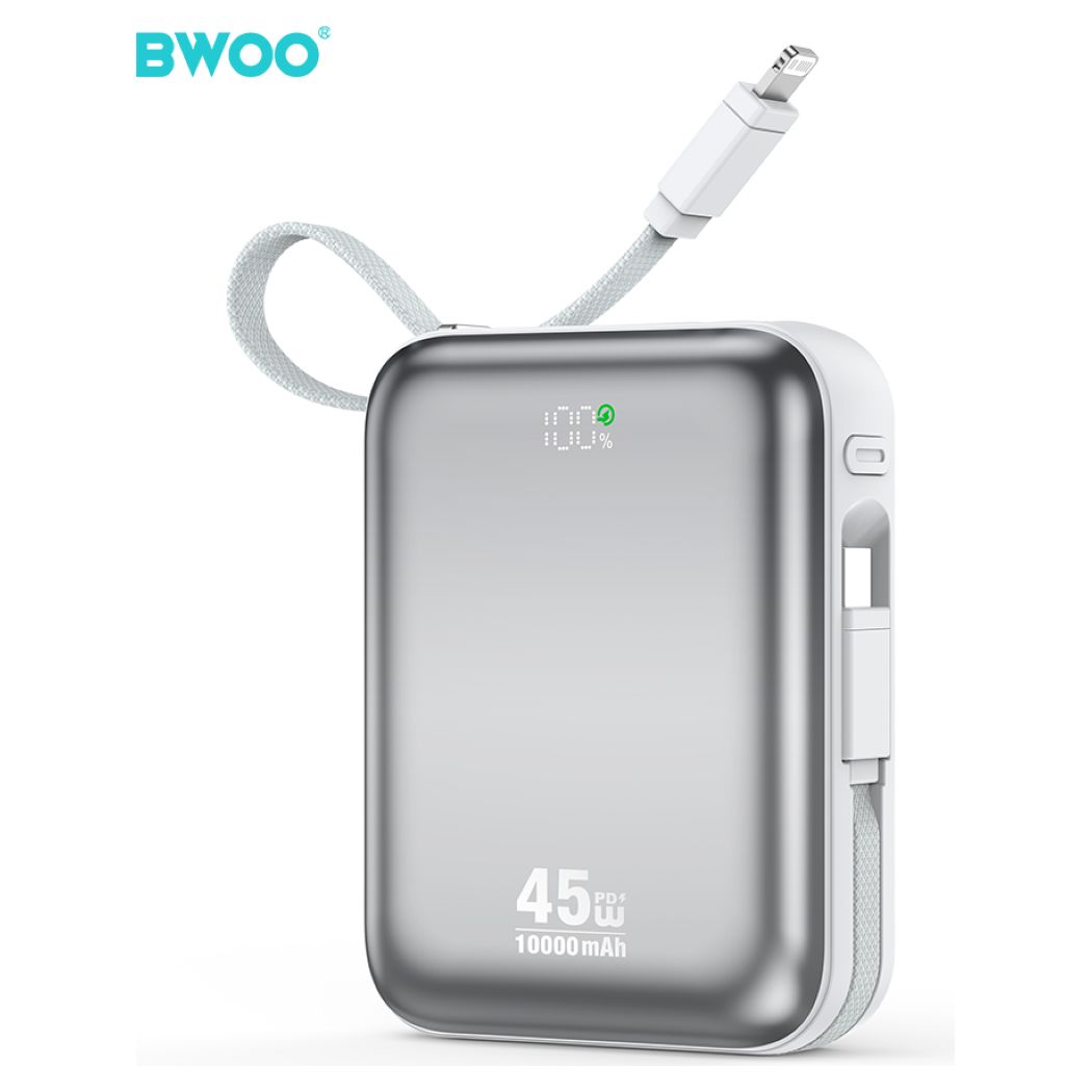 BWOO P77 Power Bank 45W 10000mAh with 2 built-in Cables Type-C / Lightning Εξωτερική Μπαταρία - Grey - MT82758