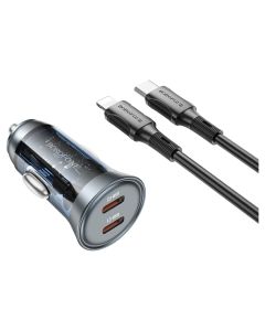 Borofone BZ26B Discovery Car Charger 2xType C PD 45W 3A with Type C to Lightning Cable - Transparent / Blue