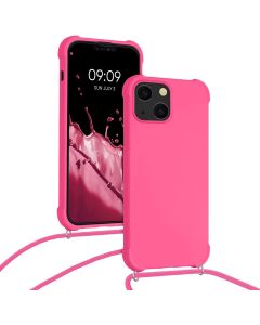KWmobile Crossbody Silicone Case with Neck Cord Lanyard Strap (55933.77) Neon Pink (iPhone 13 Mini)