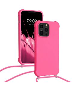 KWmobile Crossbody Silicone Case with Neck Cord Lanyard Strap (55964.77) Neon Pink (iPhone 13 Pro)