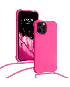 KWmobile Crossbody Silicone Case with Neck Cord Lanyard Strap (55977.77) Neon Pink (iPhone 13 Pro Max)