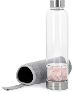Navaris Crystal Water Bottle 420ml (53150.01) Γυάλινο Μπουκάλι Νερού με Πέτρες Ροζ Χαλαζία και Θήκη