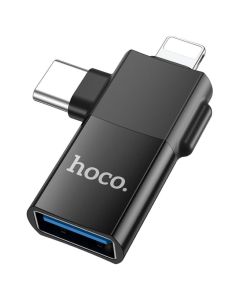 HOCO UA17 2in1 USB 2.0 OTG Adapter Αντάπτορας USB A Female σε Lightning / Type C - Black - MT82988