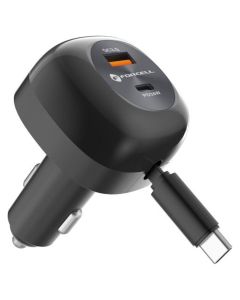 Forcell F-ENERGY Alu Car Charger with Retractable Cable Type C and Type C + USB A Sockets PD QC4.0 SFC2.0 3A 75W Φορτιστής Αυτοκινήτου - Black - MT80217