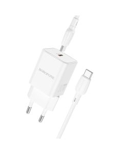 Borofone BN13 Safety GaN Wall Charger Type-C PD 30W with Type C to Type C Cable Αντάπτορας Φόρτισης 1m - White