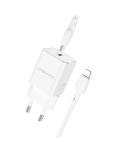 Borofone BN13 Safety GaN Wall Charger Type-C PD 30W with Type C to Lightning Cable Αντάπτορας Φόρτισης 1m - White
