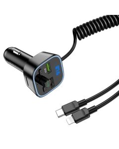 Borofone BC45 Prestige FM Transmitter Car Charger 2x USB QC 3.0 18W Φορτιστής Αυτοκινήτου με Ενσωματωμένο Καλώδιο Type-C και Lightning - Black