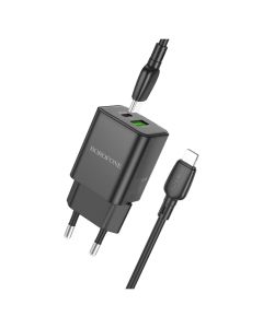 Borofone BN14 Royal GaN Wall Charger USB / Type-C QC 3.0 PD 30W with Type C to Lightning Cable Αντάπτορας Φόρτισης Τοίχου - Black