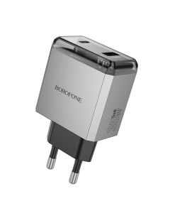 Borofone BN20 Lena Wall Charger USB / Type-C QC 3.0 PD 35W Αντάπτορας Φόρτισης Τοίχου - Grey - MT76405