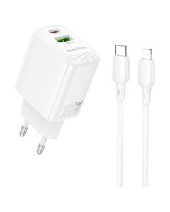 Borofone BN27 Fuente Wall Charger USB / Type-C QC 3.0 PD 20W with Type C to Lightning Cable Αντάπτορας Φόρτισης Τοίχου - White - MT81515