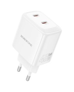 Borofone BN31 Cargador GaN Wall Charger 2x Type-C PD QC3.0 45W Αντάπτορας Φόρτισης Τοίχου - White - MT81517