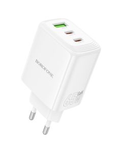 Borofone BN32 Cargador GaN Wall Charger USB / 2x Type-C PD QC3.0 65W Αντάπτορας Φόρτισης Τοίχου - White - MT81915
