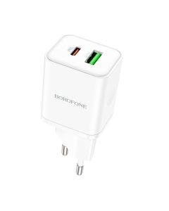 Borofone BN7 Dual Port Wall Charger USB / Type-C QC 3.0 PD 20W Αντάπτορας Φόρτισης Τοίχου - White