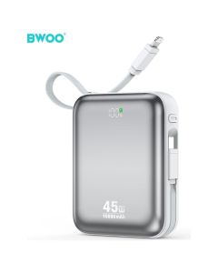 BWOO BO-P77 Power Bank 45W 10000mAh with 2 built-in Cables Type-C / Lightning Εξωτερική Μπαταρία - Grey - MT82758