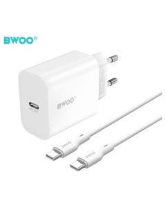 BWOO BO-CDA233C-C Wall Charger Type-C PD 20W + 65W Type-C Cable Αντάπτορας Φόρτισης Τοίχου - White - MT82756