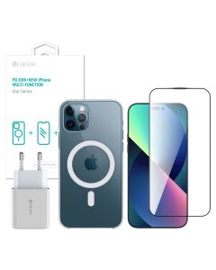 Devia Star Multi-Function Pack Αντιχαρακτικό Οθόνης + Διάφανη Θήκη Σιλικόνης MagSafe + Φορτιστής 30W (iPhone 15 Pro)