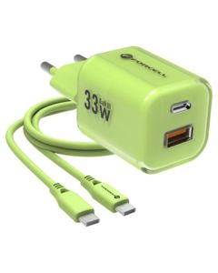 Forcell F-ENERGY Crystal Color GaN III VT-41 USB + Type C PD QC4.0 33W Travel Charger with Silicone Cable Αντάπτορας Φόρτισης - Green - MT80635