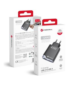 Forcell F-ENERGY Ultra Slim GaN III B245202(1A1C) USB + Type C PD QC4.0 3A 45W Travel Charger Αντάπτορας Φόρτισης - Black - MT80640