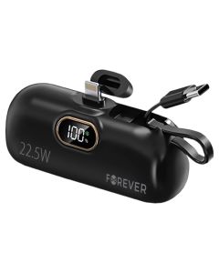 Forever MTB-100 Mini Power Bank 5000mAh Lightning Port / Type-C Cable 22.5W Εξωτερική Μπαταρία - Black - MT82748