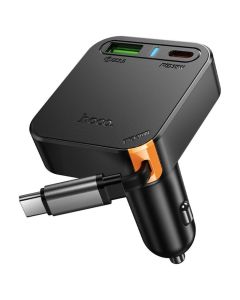 HOCO NZ18 FM Car Charger with Retractable Cable USB + 2xType C QC PD 65W Φορτιστής Αυτοκινήτου Black - MT84663