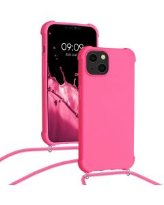 KWmobile Crossbody Silicone Case with Neck Cord Lanyard Strap (55950.77) Neon Pink (iPhone 13)