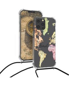 KWmobile Crossbody Silicone Case with Neck Cord Lanyard Strap (55978.01) World Map Travel (iPhone 13 Pro Max)