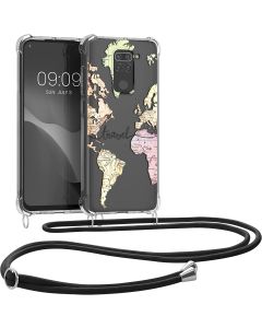 KWmobile Crossbody Silicone Case with Neck Cord Lanyard Strap (53146.06) World Map Travel (Xiaomi Redmi Note 9)