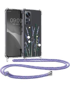 KWmobile Crossbody Silicone Case with Neck Cord Lanyard Strap (58199.04) Wild Flowers Lavender Green (Xiaomi 12 / 12X)