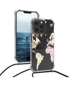 KWmobile Crossbody Silicone Case with Neck Cord Lanyard Strap (55965.01) World Map Travel (iPhone 13 Pro)