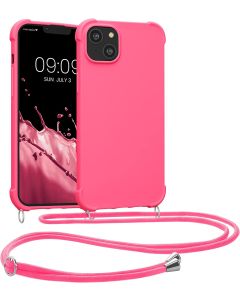 KWmobile Crossbody Silicone Case with Neck Cord Lanyard Strap (59117.77) Neon Pink (iPhone 14 Plus)