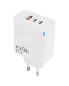 Maxlife MXTC-09-65ACC GaN Charger USB / 2x Type-C QC PD 65W Αντάπτορας Φόρτισης Τοίχου - White - MT81551