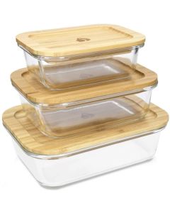 Navaris Glass Food Containers Set of 3 with Bamboo Lid Heat / Cold Resistant (49613.03) 3 Γυάλινα Δοχεία Αποθήκευσης Τροφίμων με Καπάκι από Μπαμπού