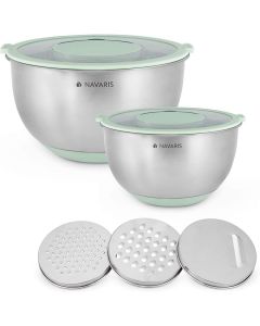 Navaris Stainless Steel Mixing Bowls and Graters (49210.02.71)2  Δοχεία Φαγητού με Βάση Σιλικόνης και 3 Τρίφτες - Mint Green
