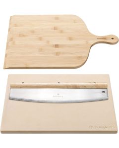 Navaris Pizza Stone for Baking + Pizza Peel + Mezzaluna Knife (53326.01) Πέτρινη Πλάκα για Φούρνο + Φτυαράκι + Μαχαίρι 38 x 30cm - Beige