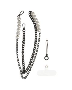 Lanyard Phone Pendant GSD-13 Λουράκι για Smartphone / Κλειδιά - Black Chain White Pearls