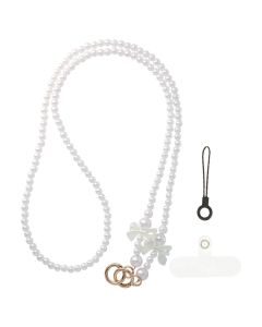 Lanyard Phone Pendant GSD-25 Λουράκι για Smartphone / Κλειδιά - White Pearls White Ribbons