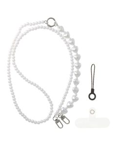 Lanyard Phone Pendant GSD-31 Λουράκι για Smartphone / Κλειδιά - White Pearls White Hearts