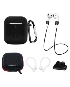 AirPods 1/2 Silicone Case Set + Case/Ear Hook/Neck Strap/Watch Strap Holder/Carabiner Clasp - Black