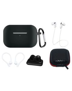 AirPods Pro 1/2 Silicone Case Set + Case/Ear Hook/Neck Strap/Watch Strap Holder/Carabiner Clasp - Black