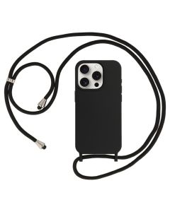 Strap Silicone Case with Round Neck Cord Lanyard - Black (iPhone 12 / 12 Pro)