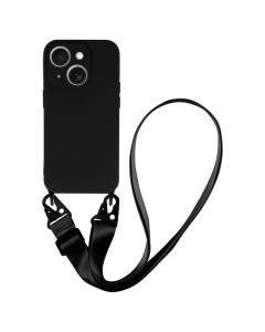 Strap Silicone Case with Flat Neck Cord Lanyard - Black (iPhone 13)