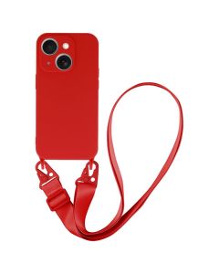 Strap Silicone Case with Flat Neck Cord Lanyard - Red (iPhone 14)
