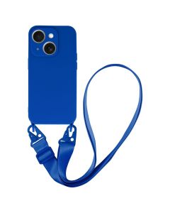 Strap Silicone Case with Flat Neck Cord Lanyard - Blue (iPhone 15)