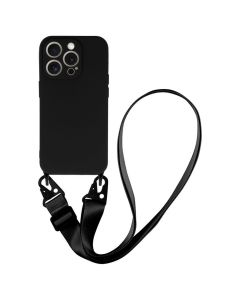 Strap Silicone Case with Flat Neck Cord Lanyard - Black (iPhone 15 Pro)