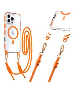 Tel Protect Strap Clear MagSafe Case with Neck Cord Lanyard - Orange (iPhone 16 Pro Max)