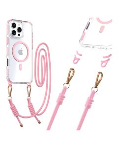 Tel Protect Strap Clear MagSafe Case with Neck Cord Lanyard - Pink (iPhone 15 Pro Max)