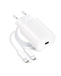 Forcell Travel Charger PD QC4.0 Type C + USB Type-C Cable - Αντάπτορας Φόρτισης Τοίχου 3A 25W - White