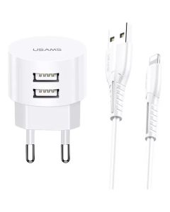 Usams Wall Charger T20 Round 2xUSB 2.1A + Cable Lightning (XTXLOGT1804) Αντάπτορας Φόρτισης Τοίχου - White