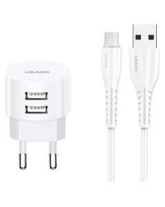 Usams Wall Charger T20 Round 2xUSB 2.1A + Cable Micro USB (XTXLOGT18MC05) Αντάπτορας Φόρτισης Τοίχου - White